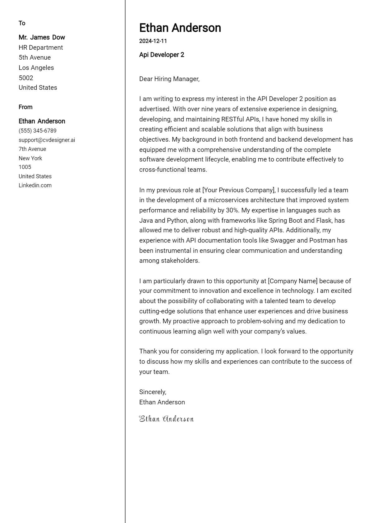 api developer 2 cover letter example