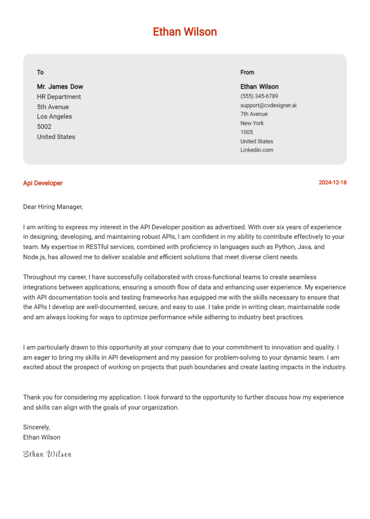api developer cover letter example