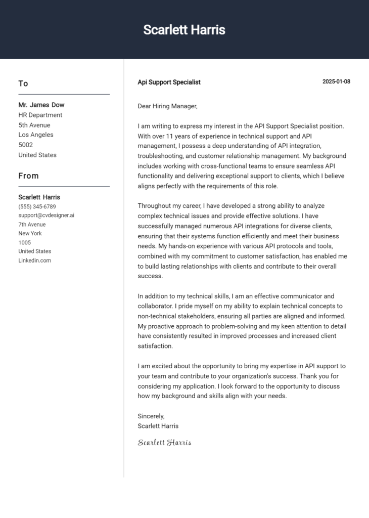 api support specialist cover letter example