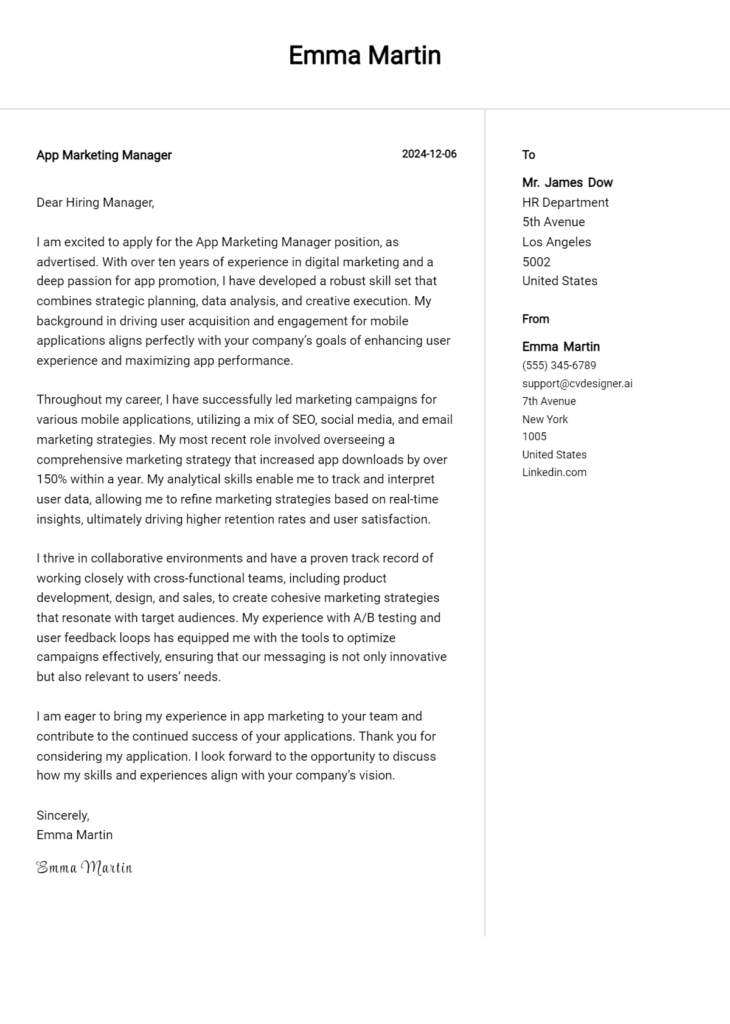 app marketing manager cover letter example