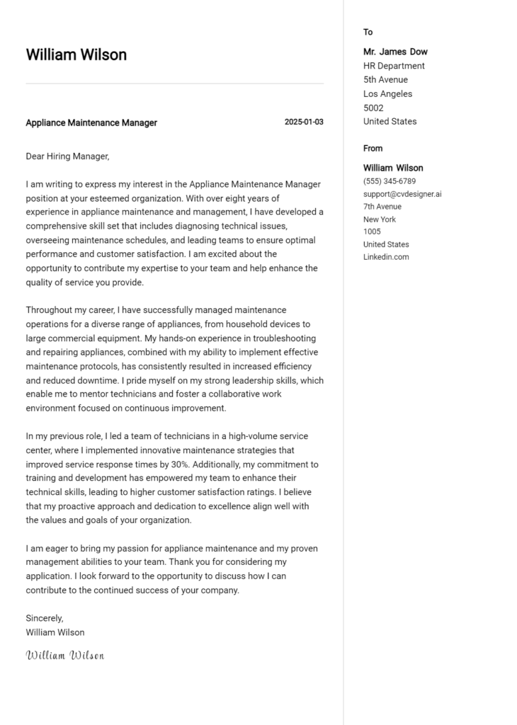 appliance maintenance manager cover letter example