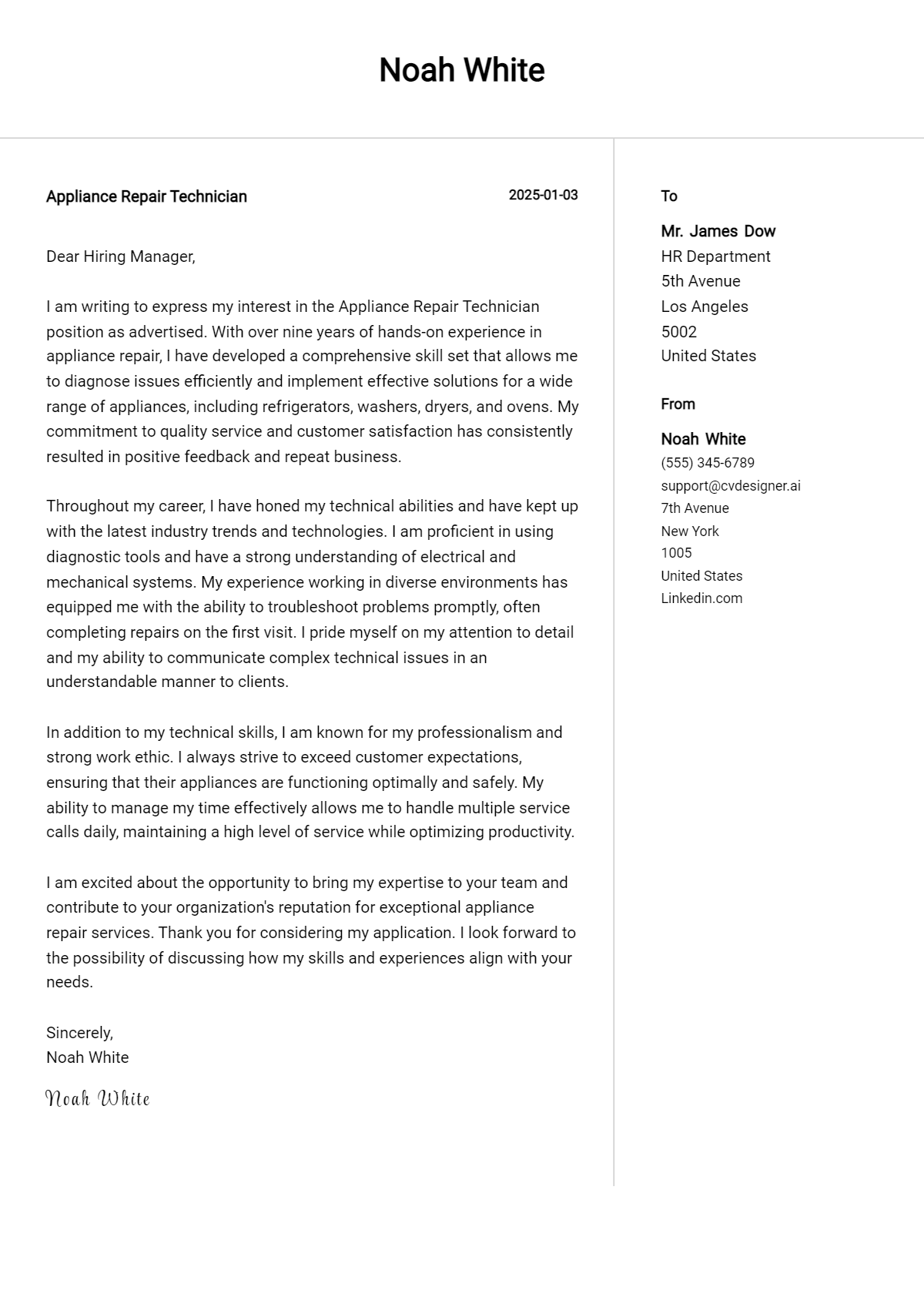 appliance repair technician cover letter example