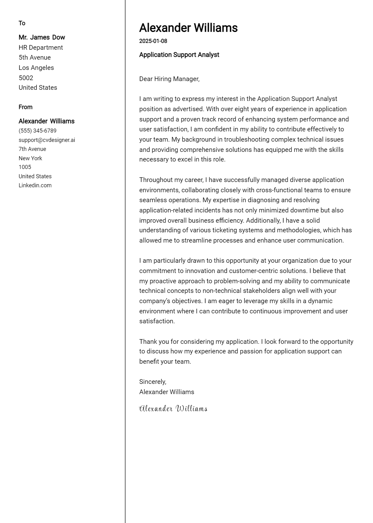 application support analyst cover letter example