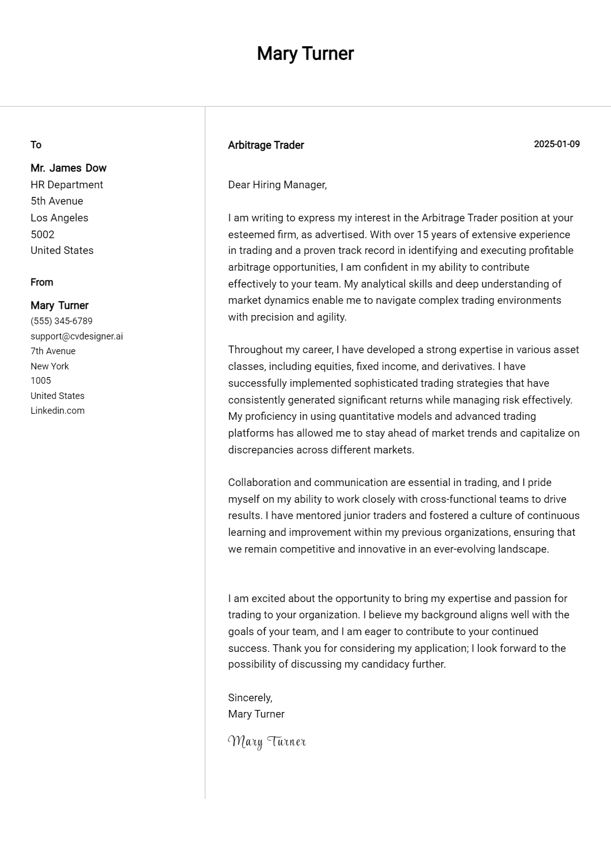 arbitrage trader cover letter example