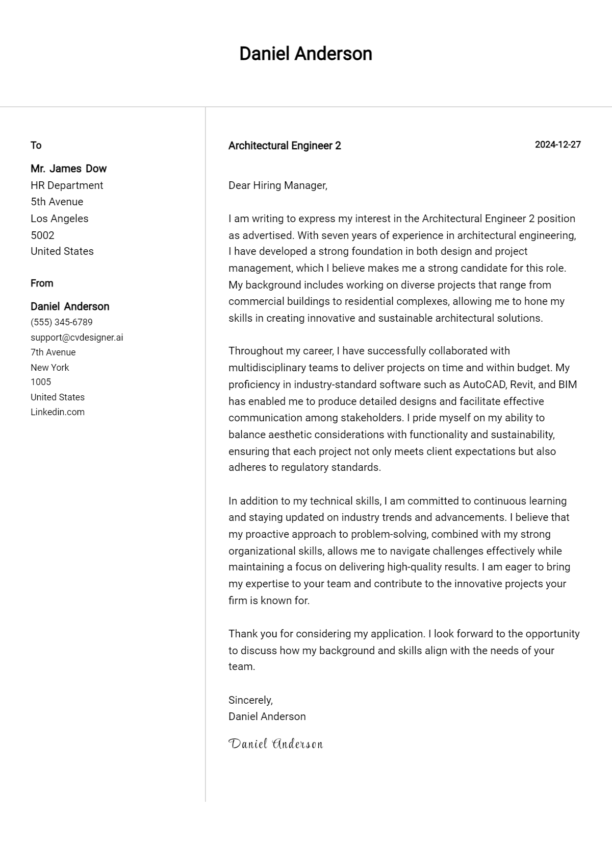 architectural engineer 2 cover letter example