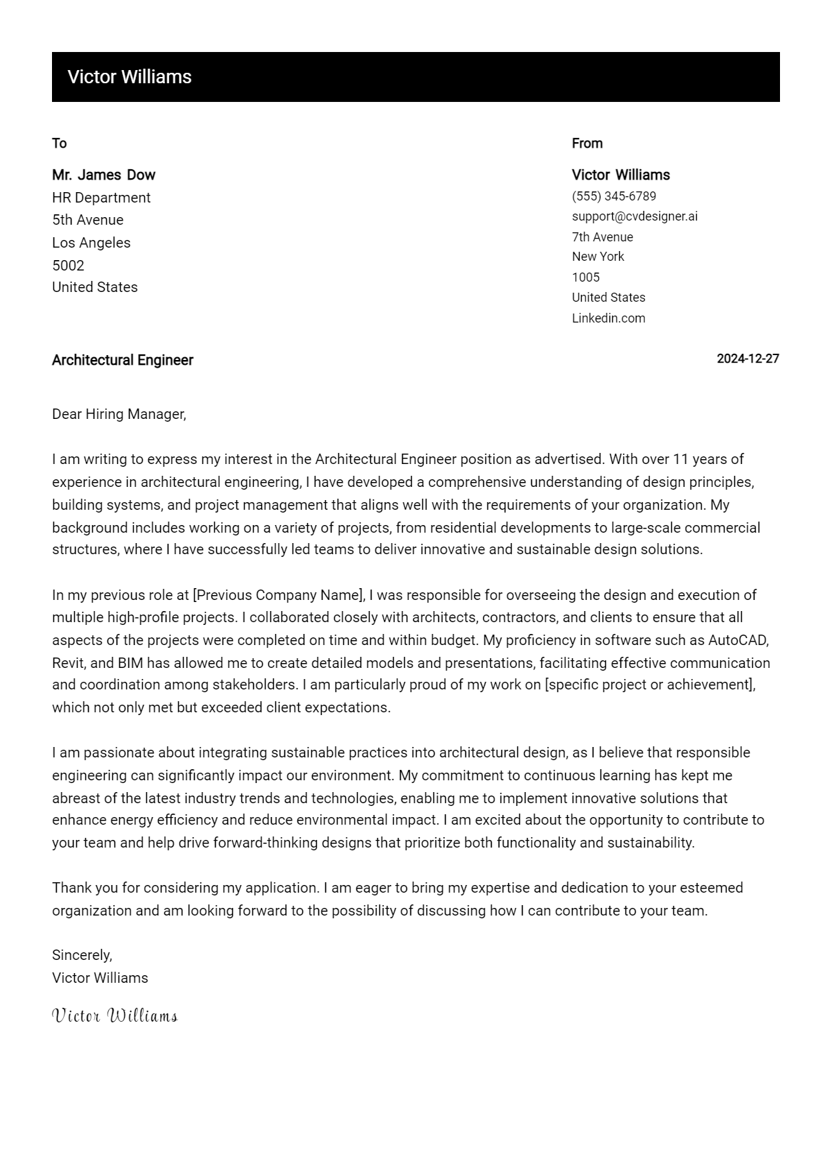 architectural engineer cover letter example