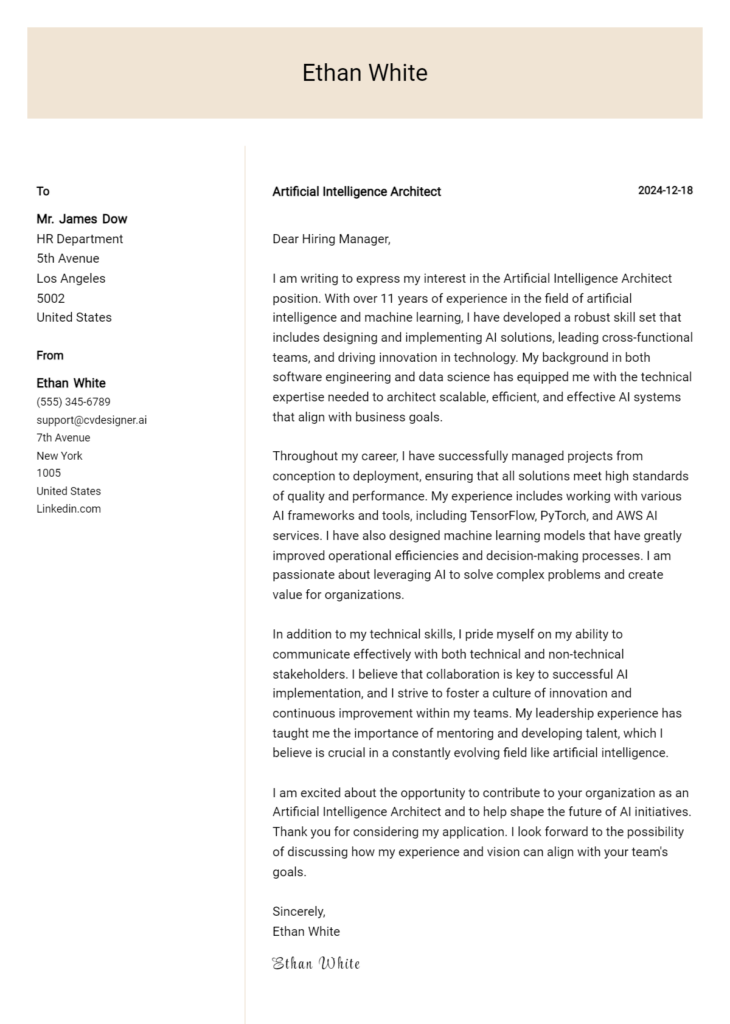 artificial intelligence architect cover letter example