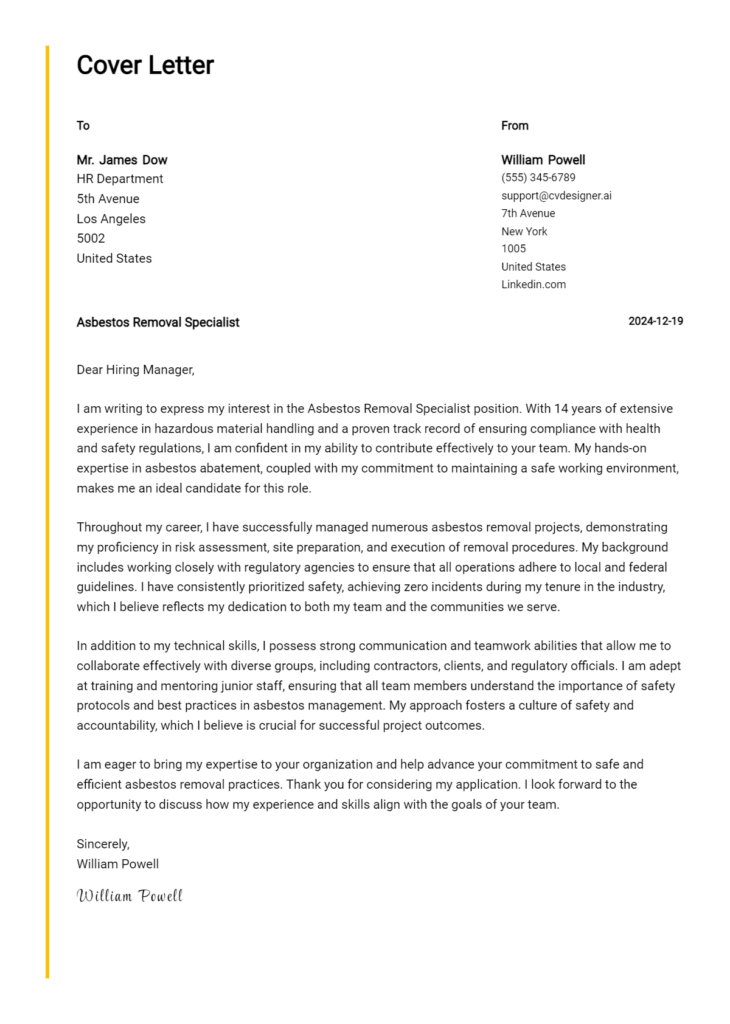 asbestos removal specialist cover letter example