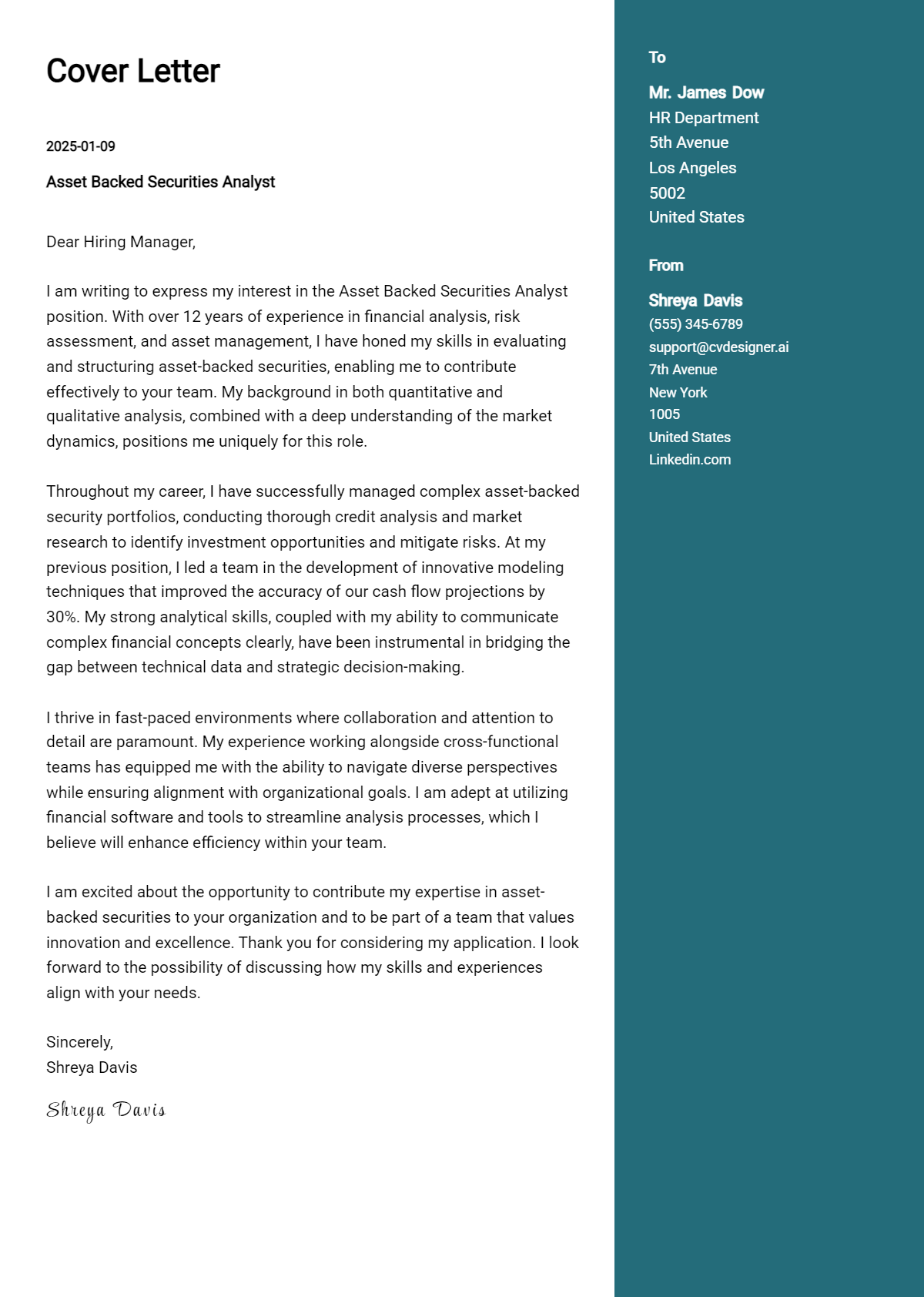 asset backed securities analyst cover letter example