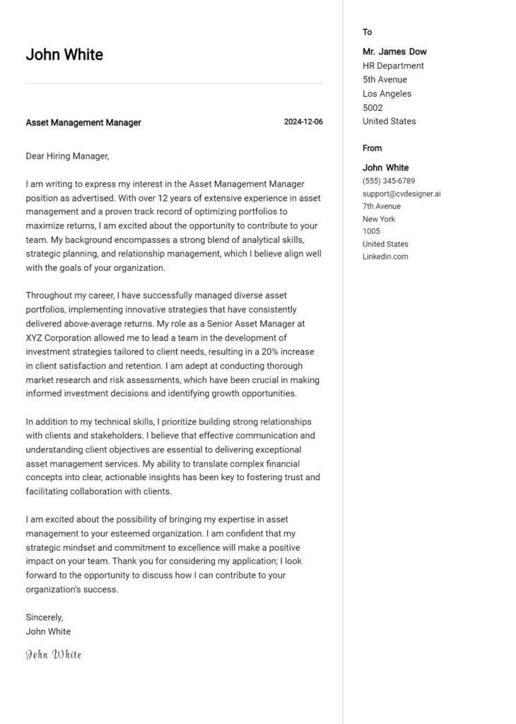 asset management manager cover letter example