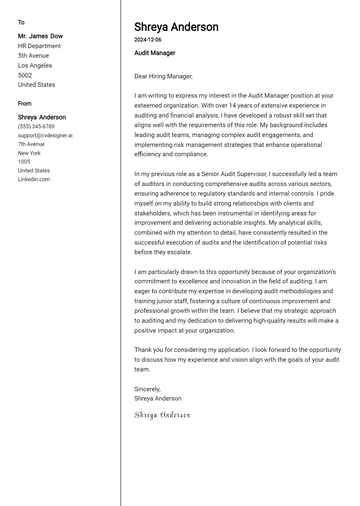 audit manager cover letter example