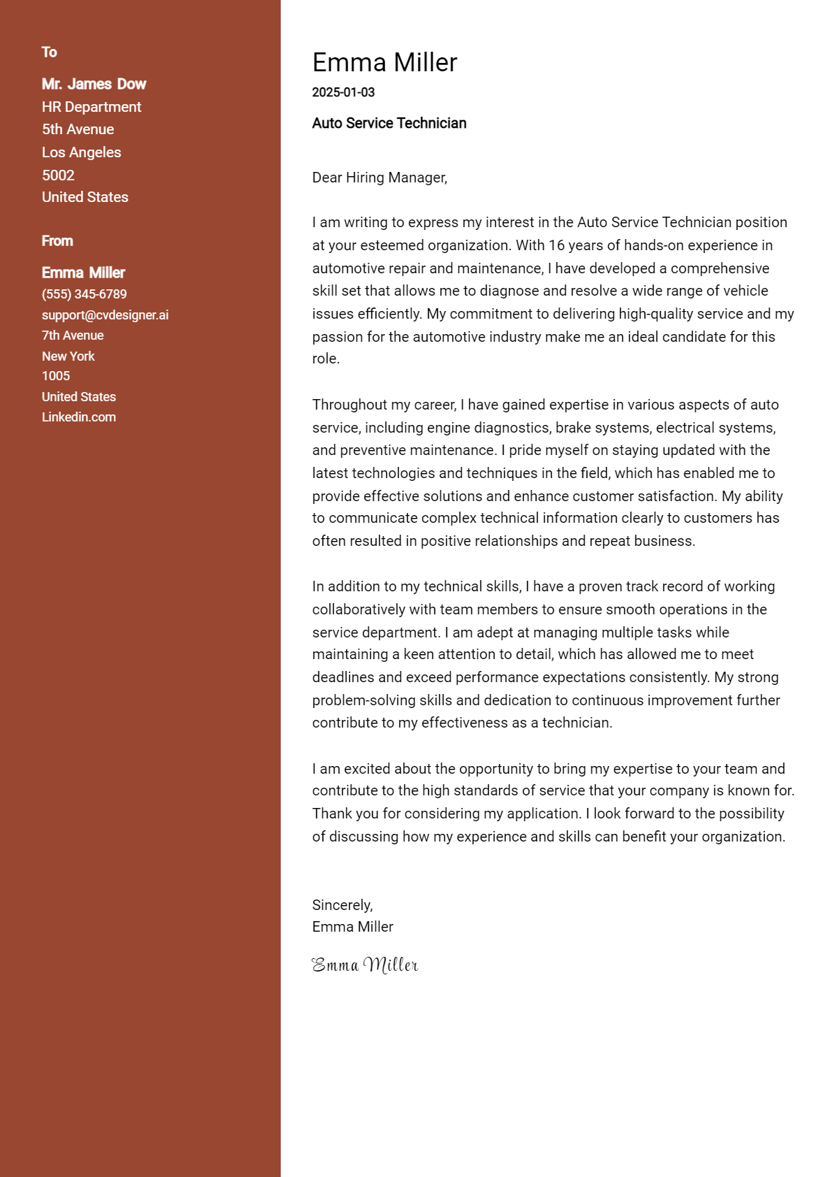 auto service technician cover letter example