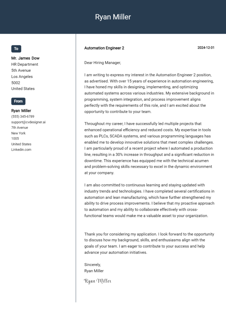 automation engineer 2 cover letter example