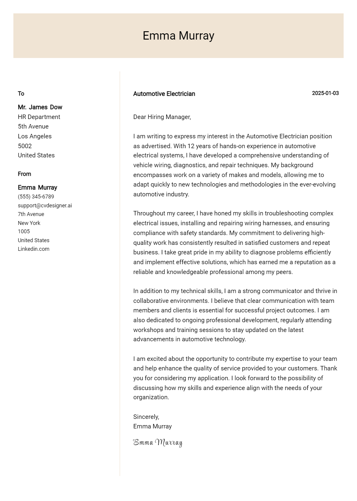 automotive electrician cover letter example