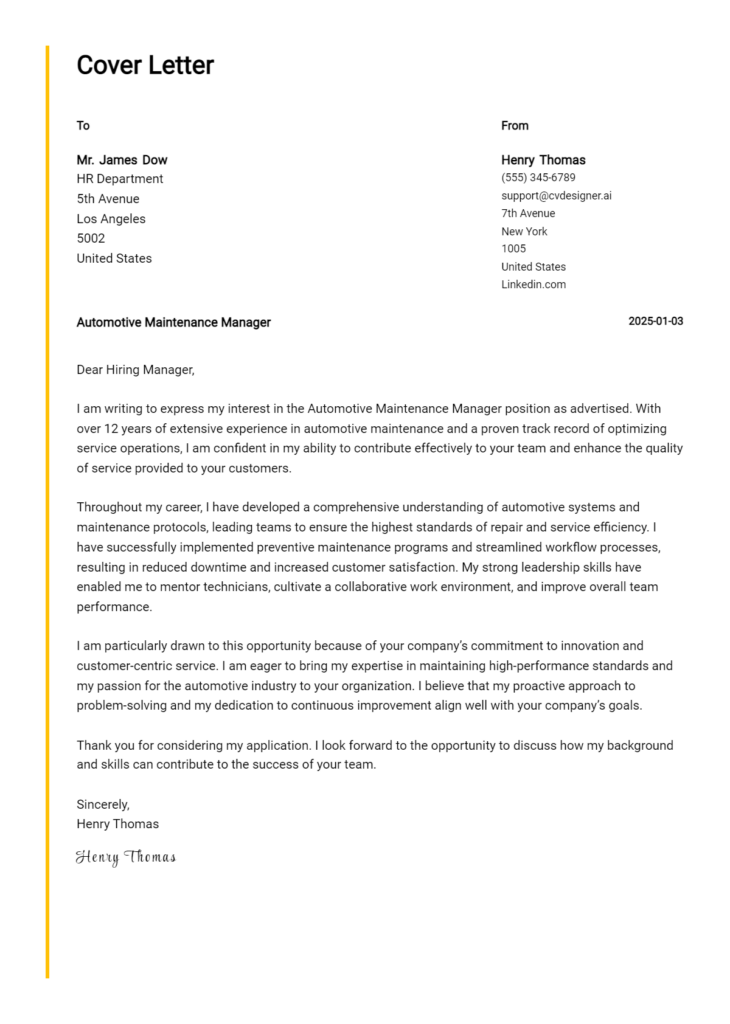 automotive maintenance manager cover letter example