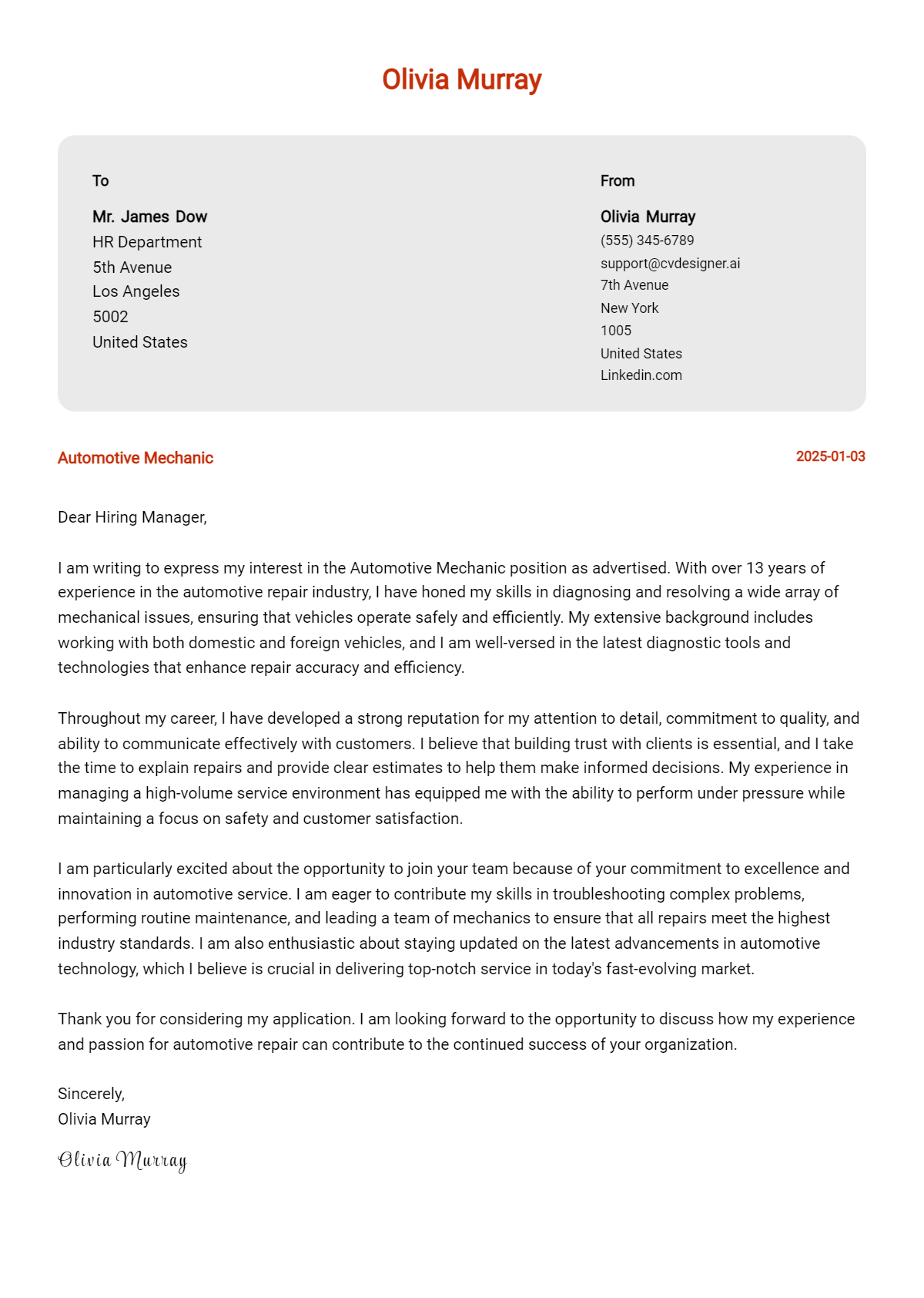 automotive mechanic cover letter example