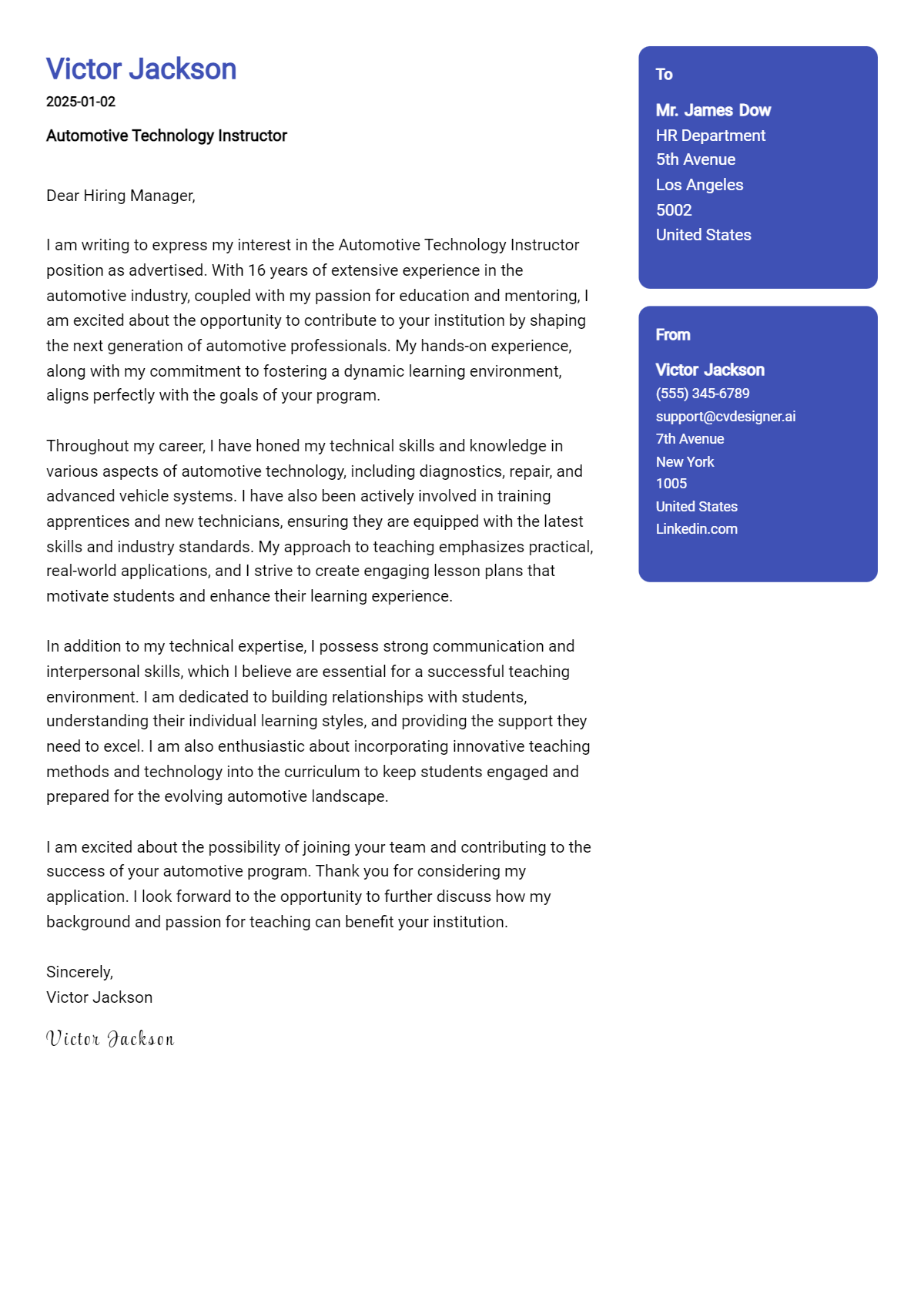 automotive technology instructor cover letter example