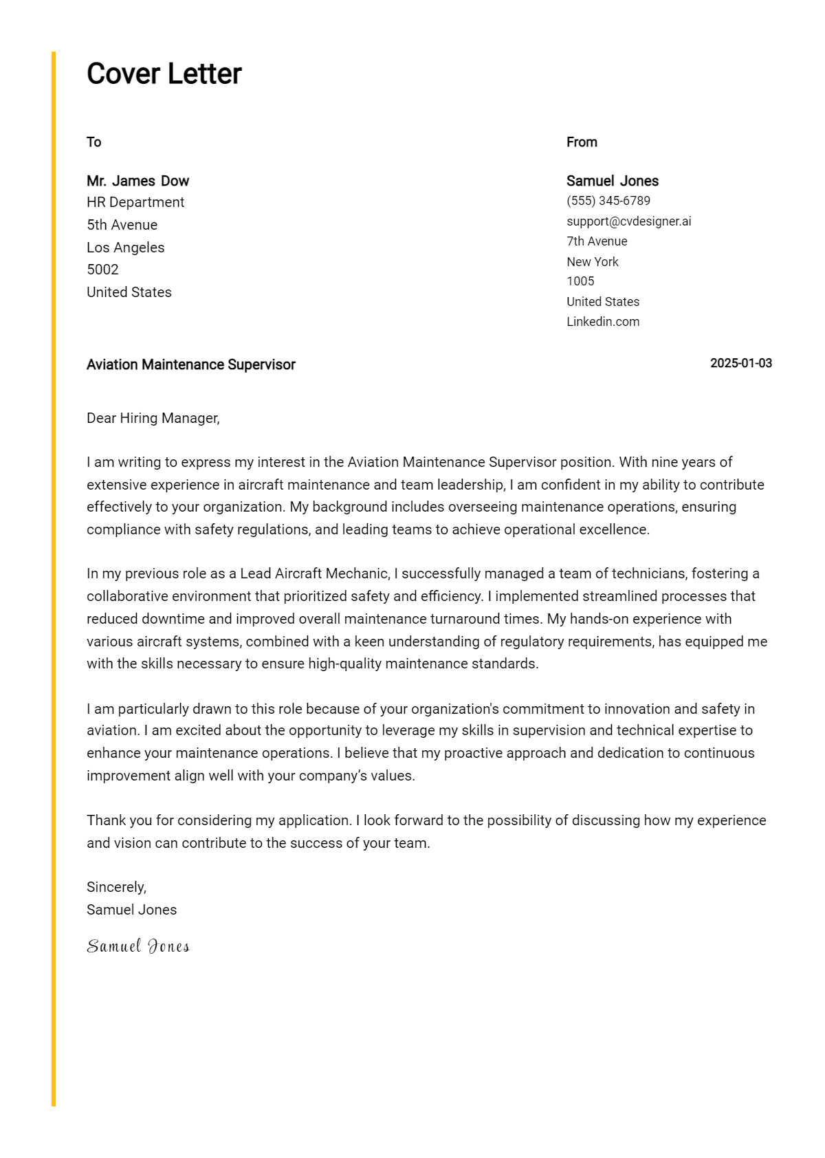 aviation maintenance supervisor cover letter example