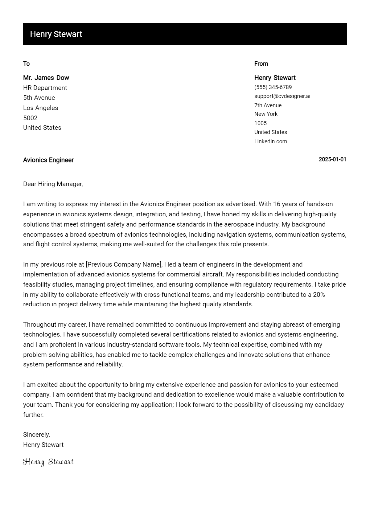 avionics engineer cover letter example