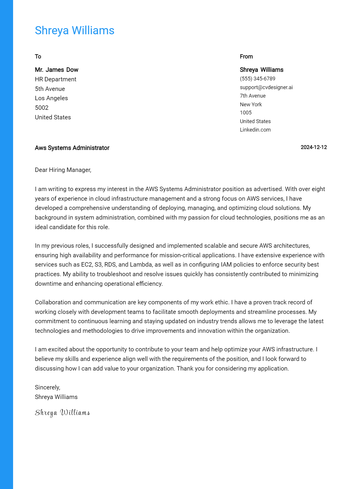 aws systems administrator cover letter example