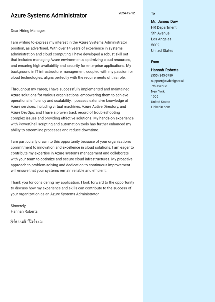 azure systems administrator cover letter example