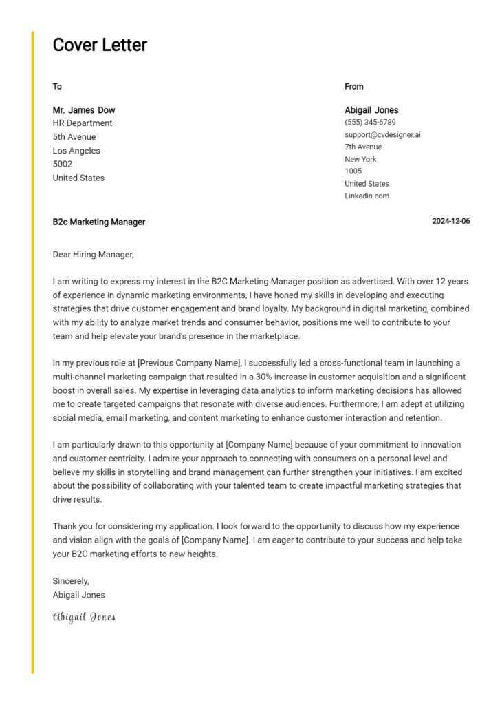 b2c marketing manager cover letter example