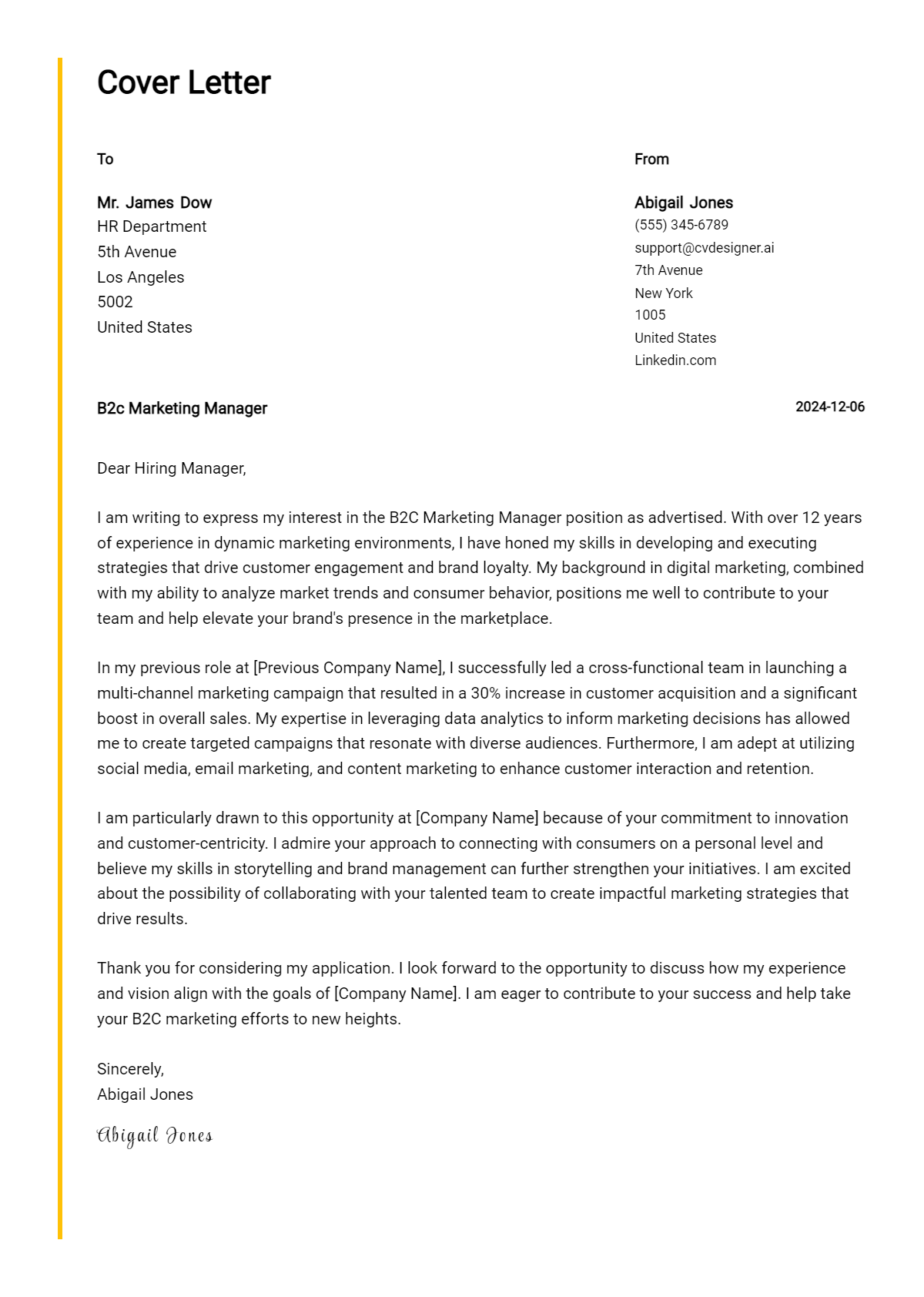 b2c marketing manager cover letter example