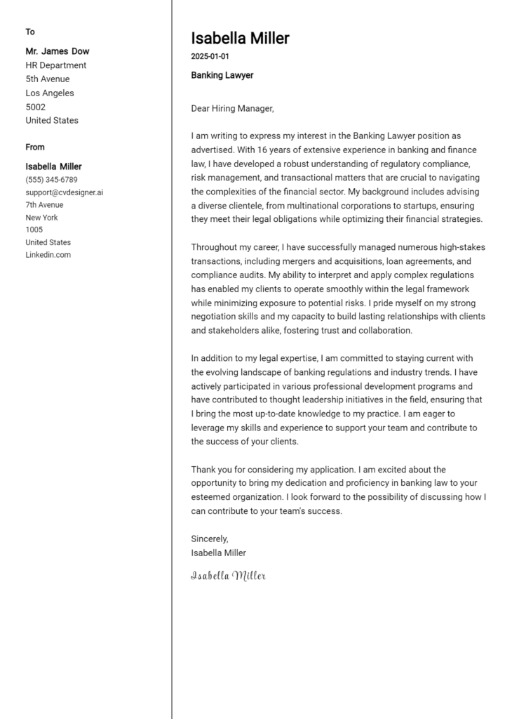 banking lawyer cover letter example