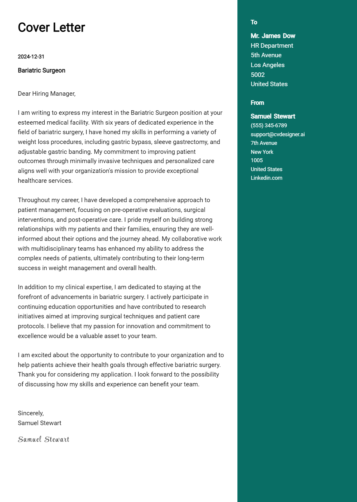 bariatric surgeon cover letter example