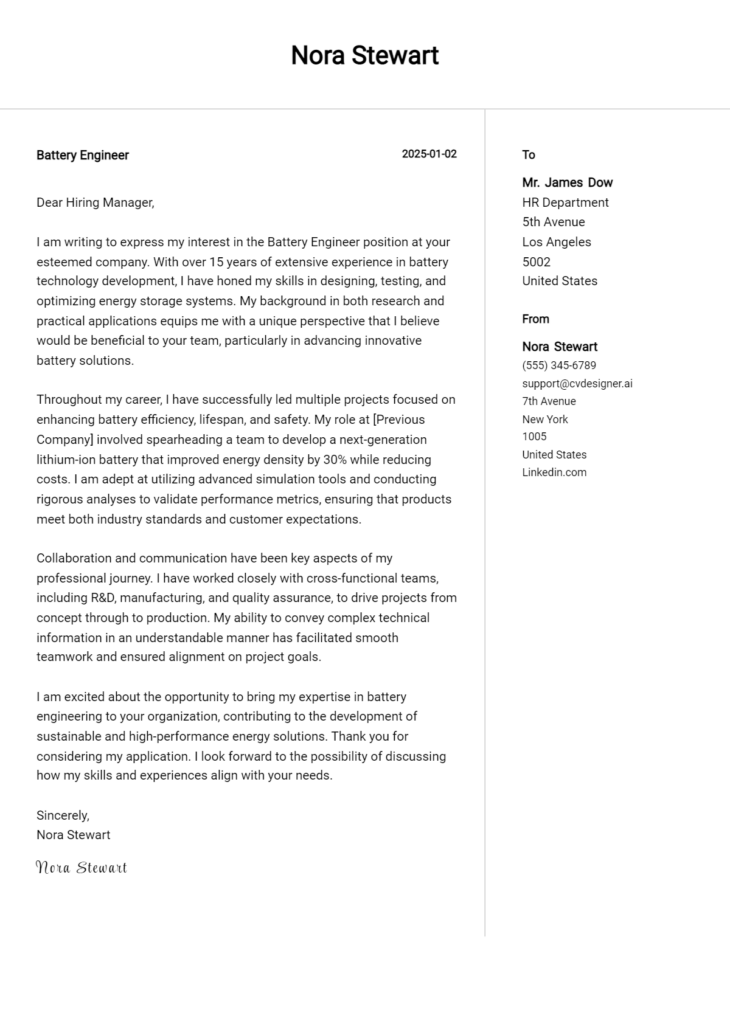 battery engineer cover letter example