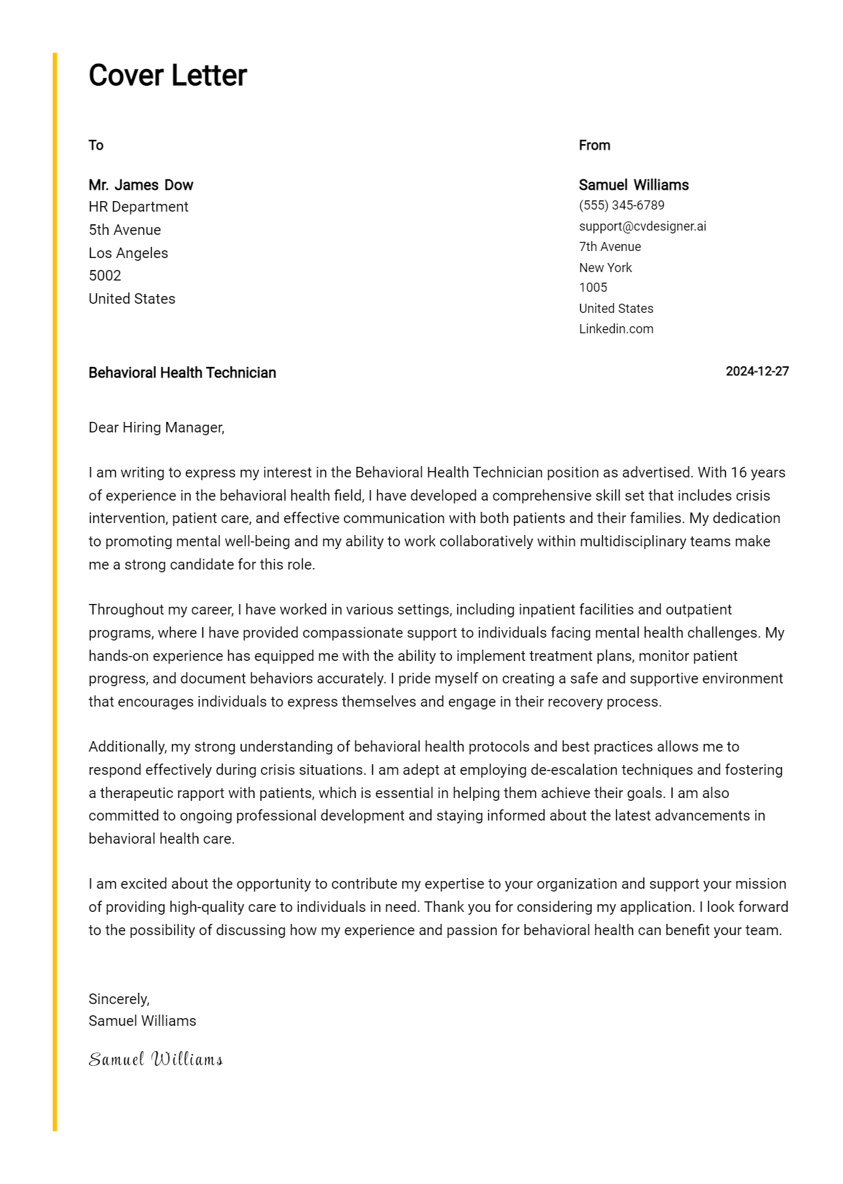 behavioral health technician cover letter example