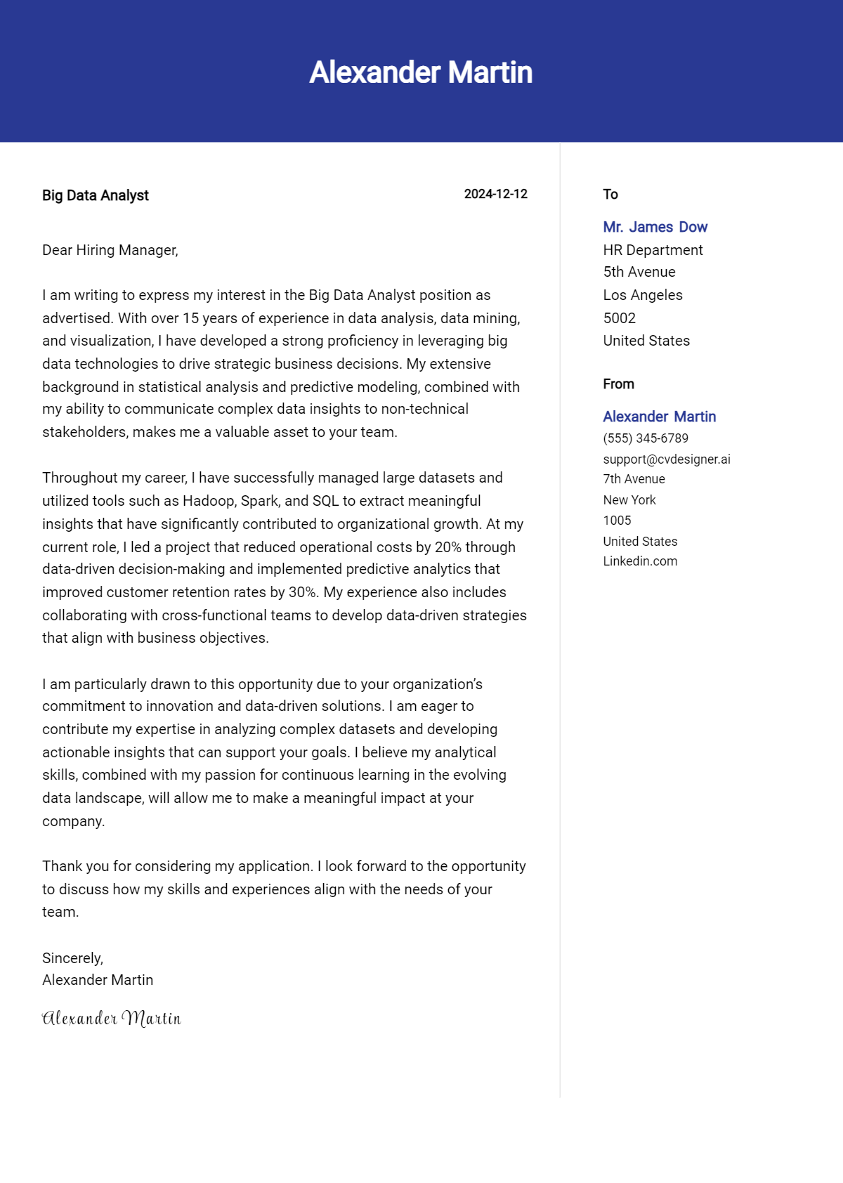 big data analyst cover letter example