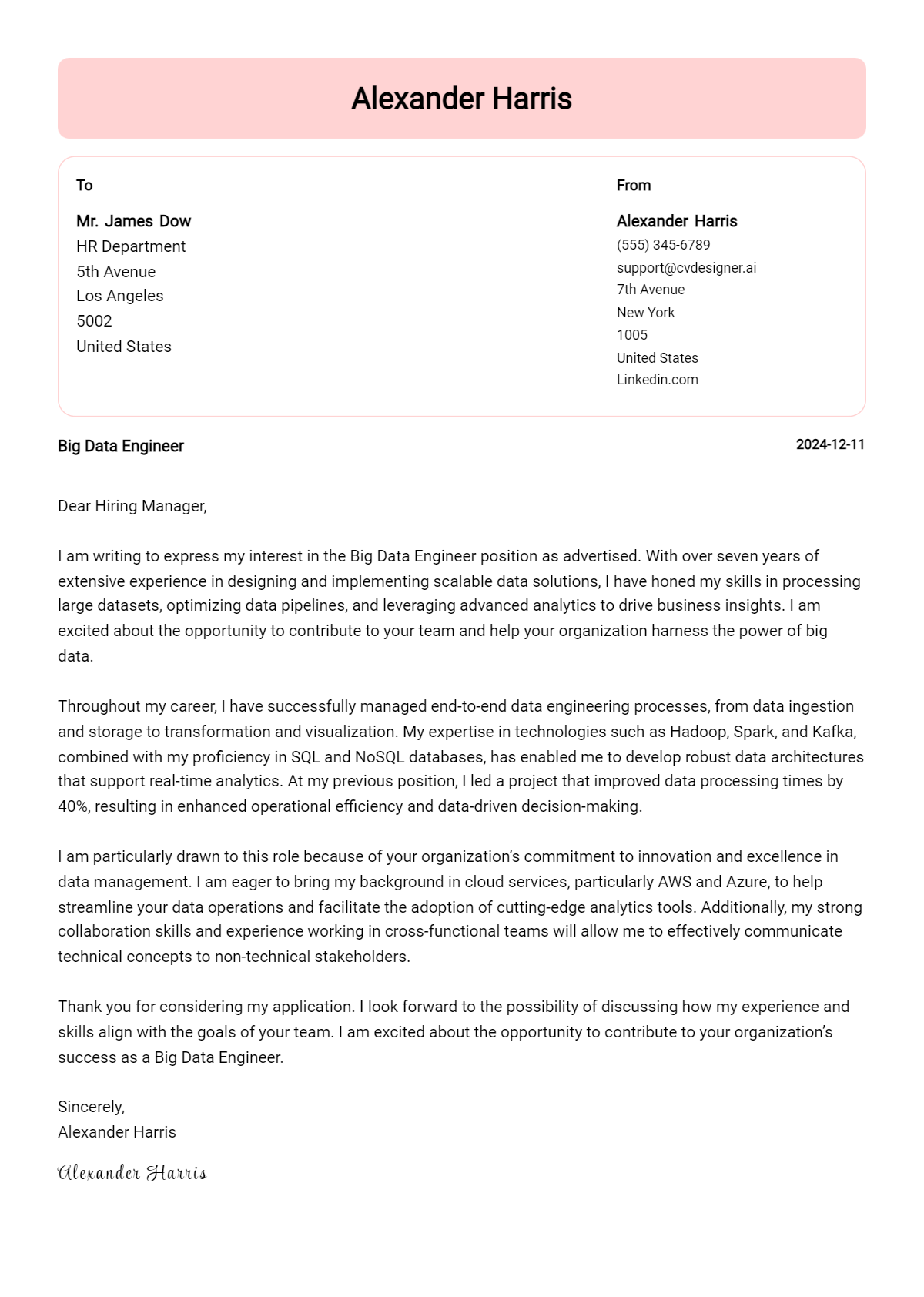 big data engineer cover letter example