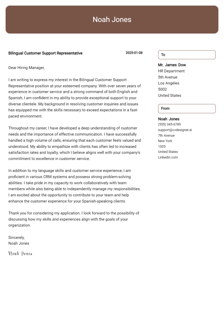 bilingual customer support representative cover letter example