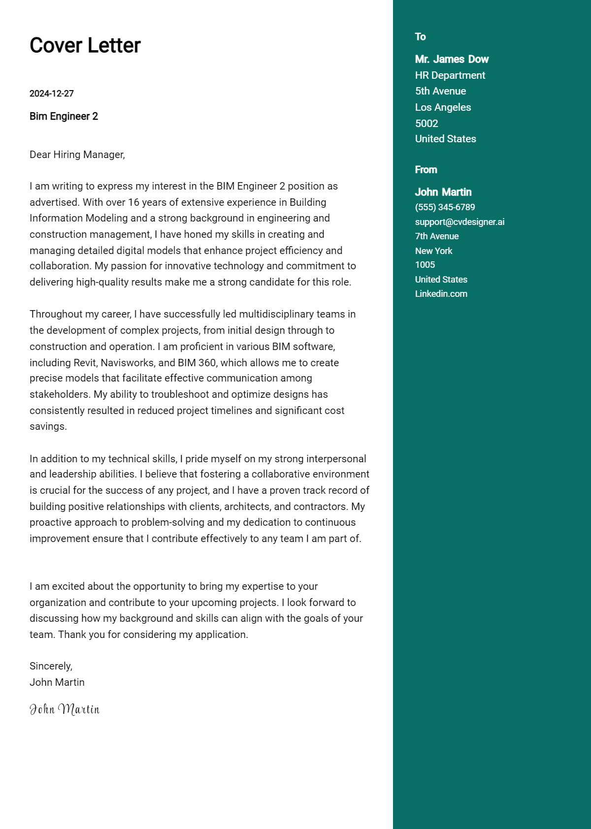 bim engineer 2 cover letter example