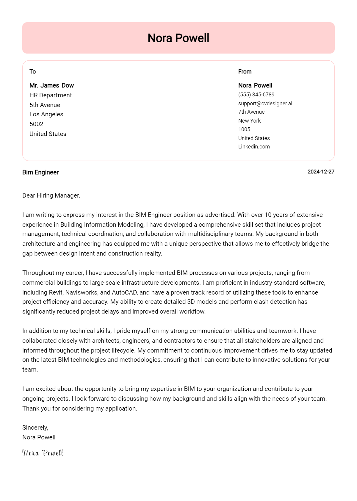 bim engineer cover letter example