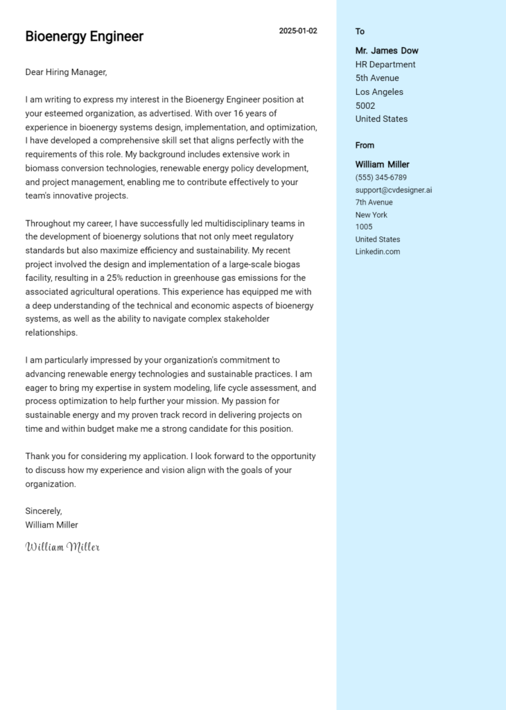 bioenergy engineer cover letter example