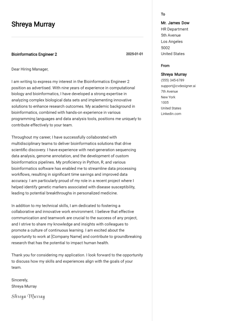 bioinformatics engineer 2 cover letter example