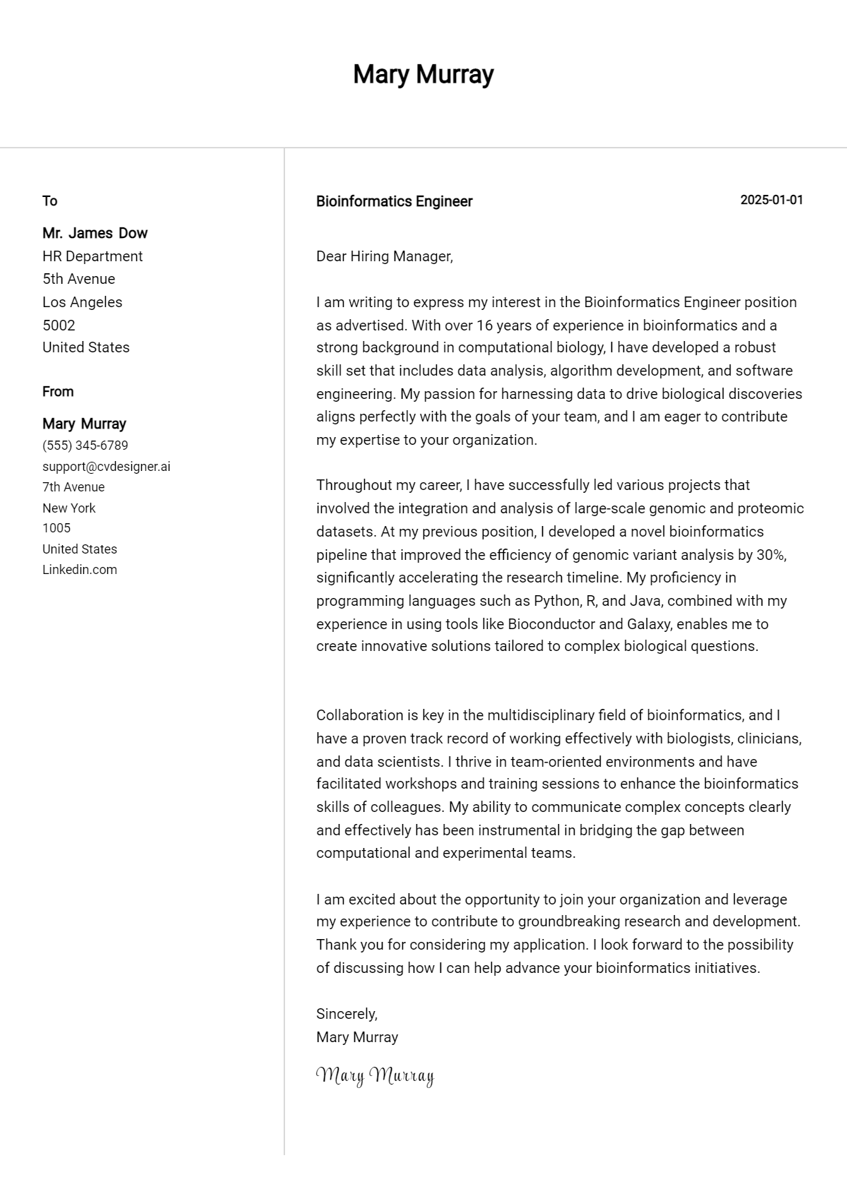 bioinformatics engineer cover letter example