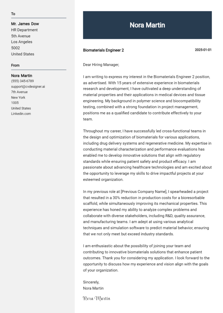 biomaterials engineer 2 cover letter example