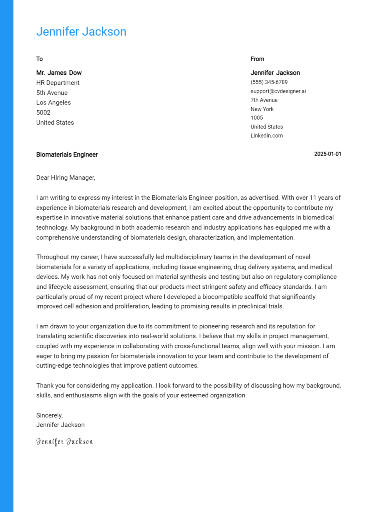 biomaterials engineer cover letter example