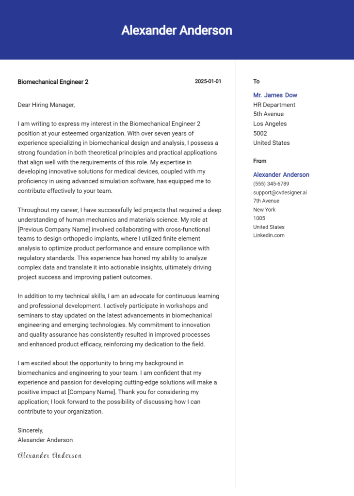 biomechanical engineer 2 cover letter example