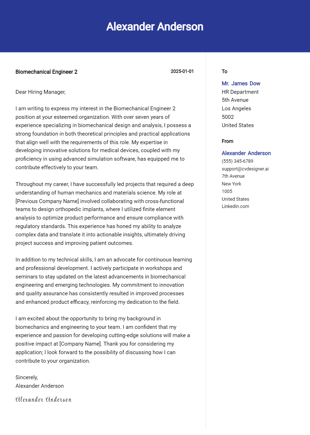 biomechanical engineer 2 cover letter example