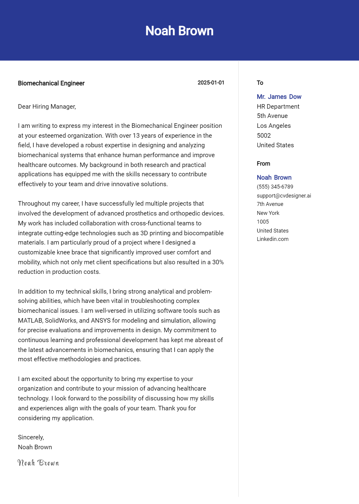 biomechanical engineer cover letter example