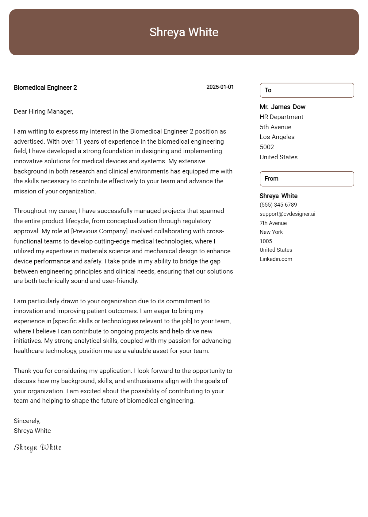 biomedical engineer 2 cover letter example