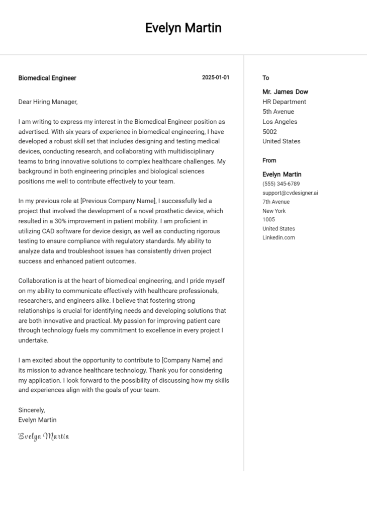 biomedical engineer cover letter example