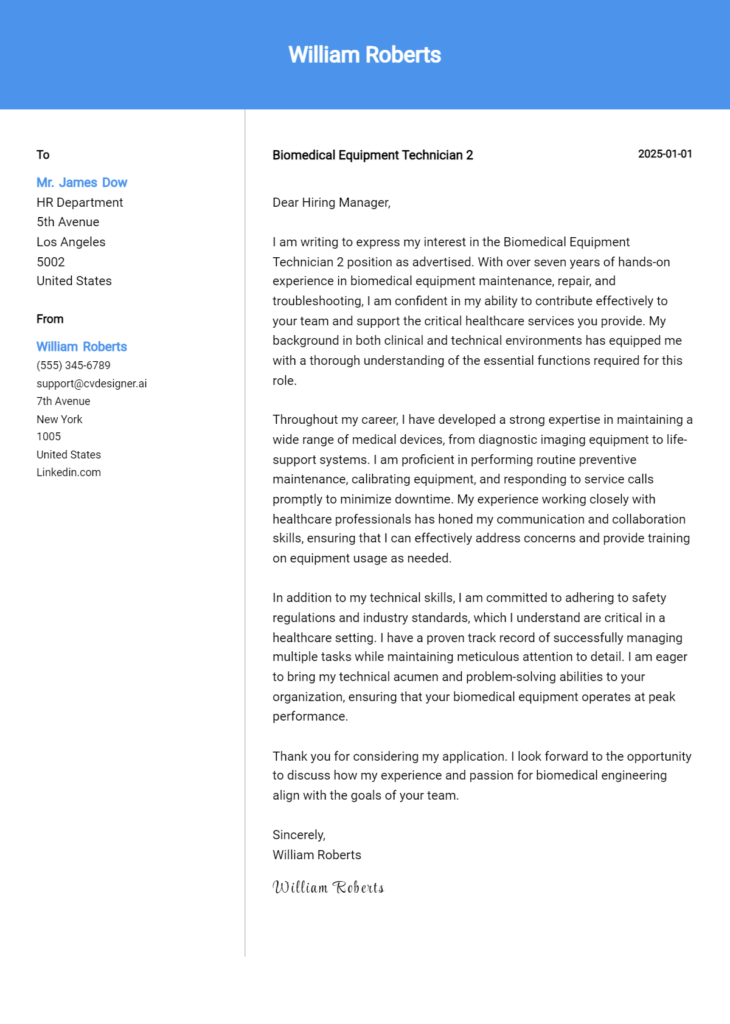 biomedical equipment technician 2 cover letter example