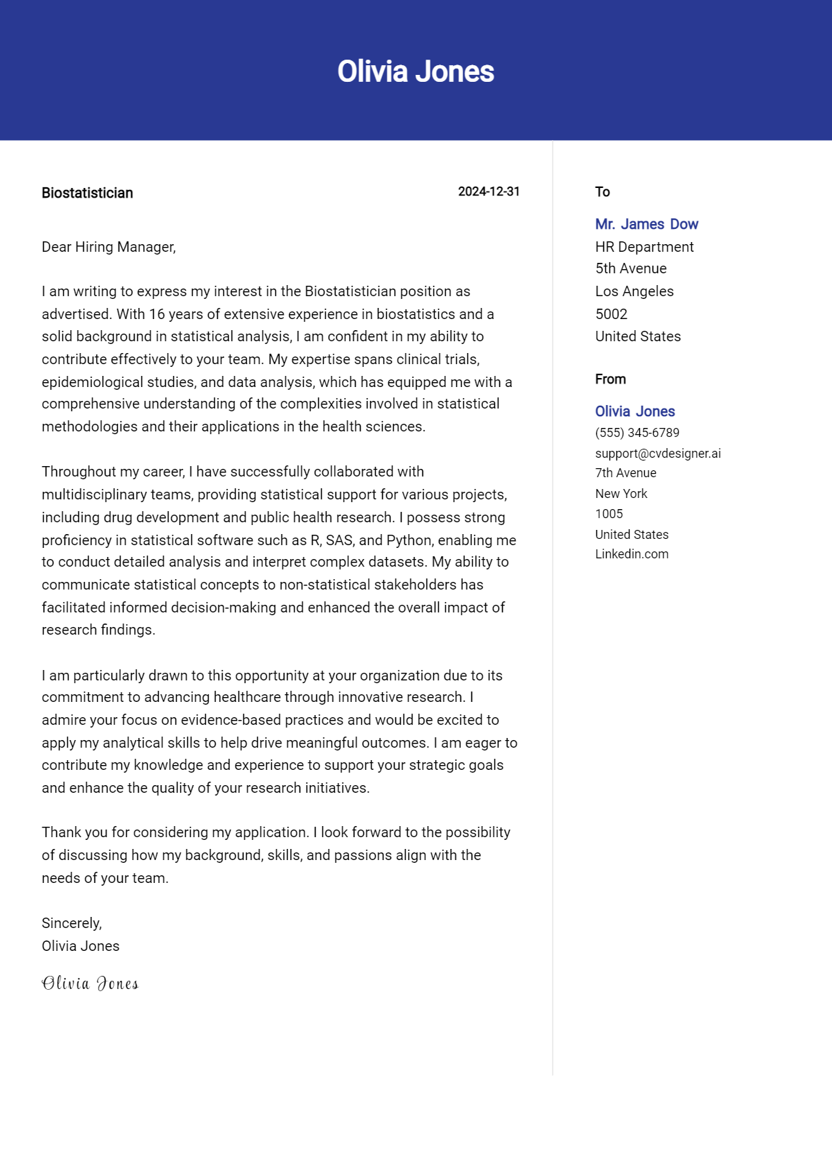 biostatistician cover letter example