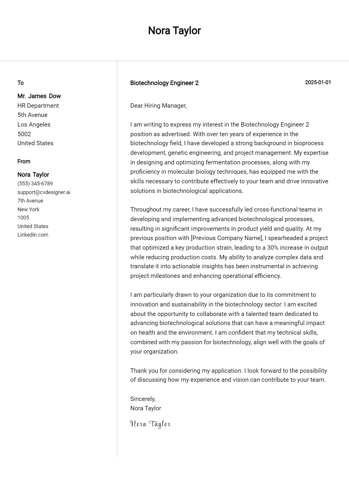 biotechnology engineer 2 cover letter example