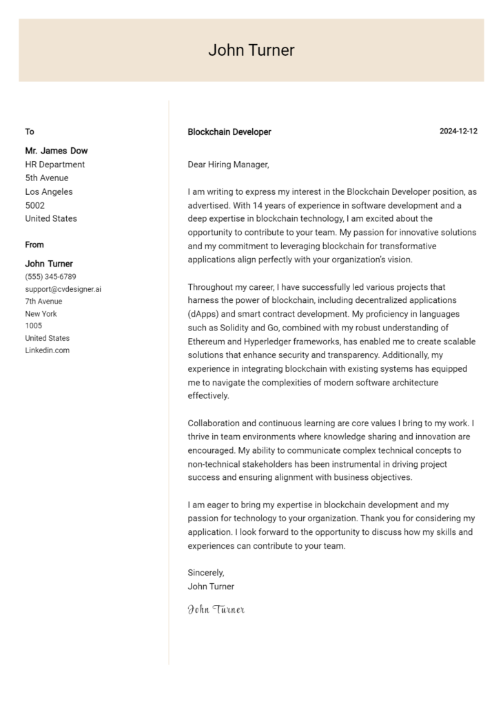 blockchain developer cover letter example